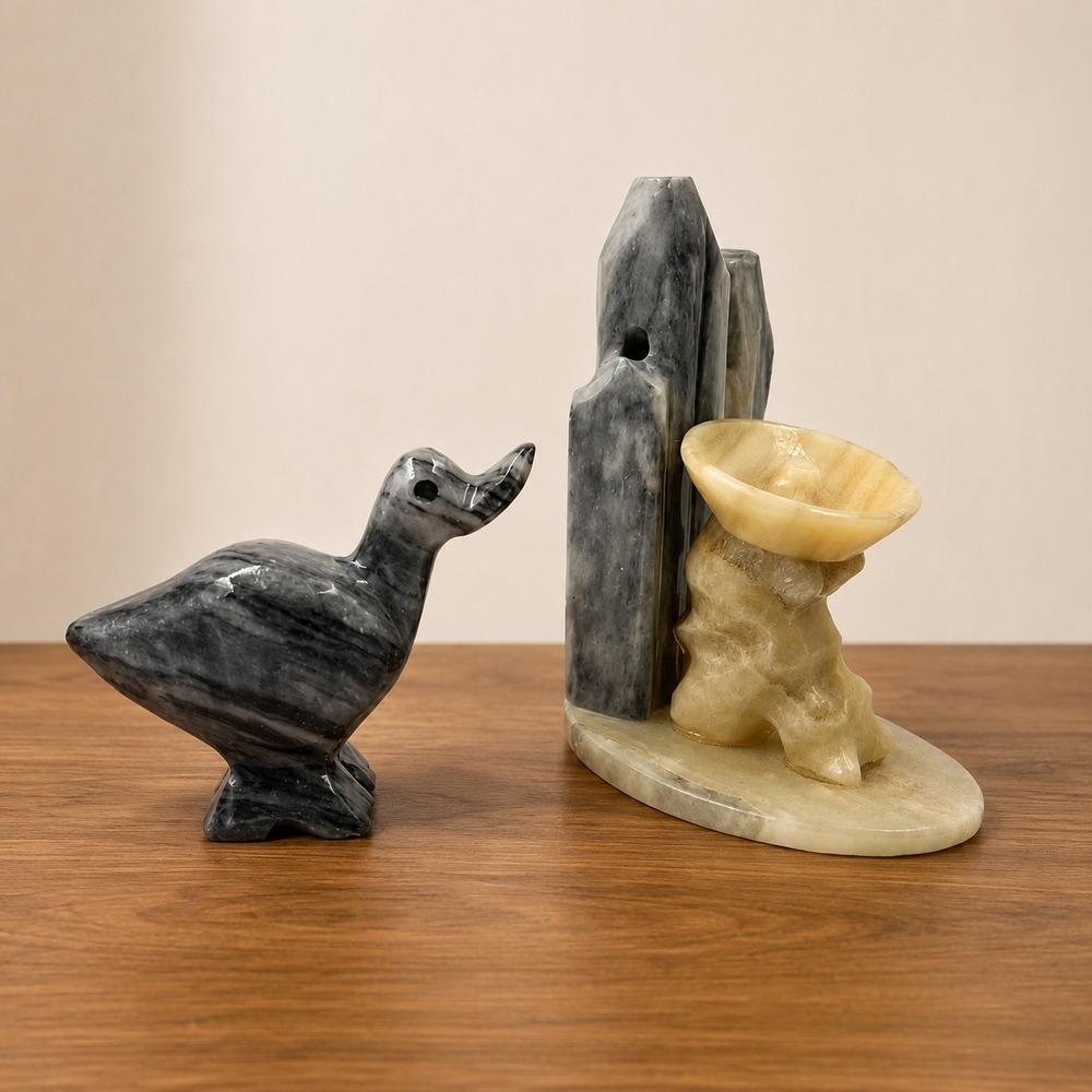 Vintage Carved Stone Lot Siesta Man Sombrero Cactus and Gray Bird Figurine